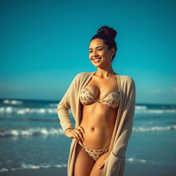 A gorgeous Colombian woman smiling charmingly while wearing a long cardigan over her fashionable bikini