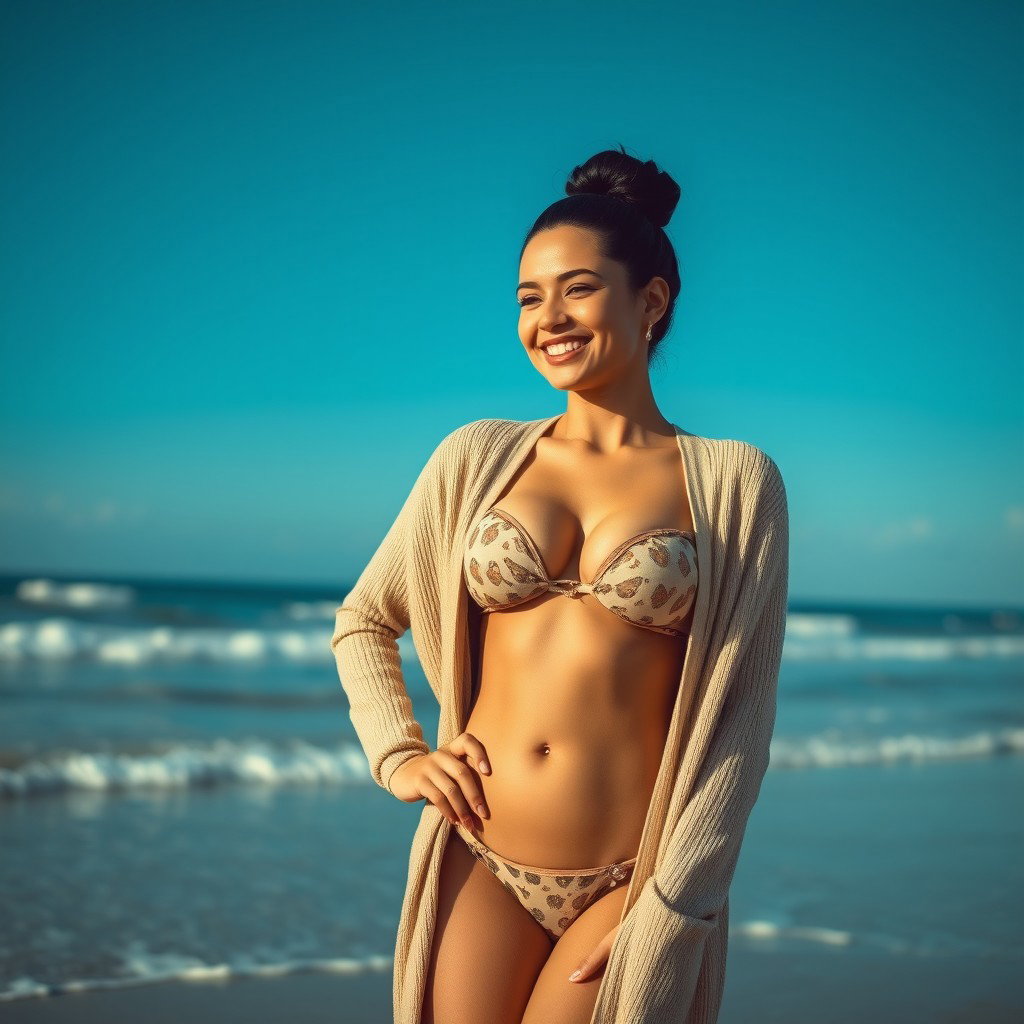 A gorgeous Colombian woman smiling charmingly while wearing a long cardigan over her fashionable bikini