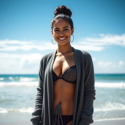 A gorgeous Colombian woman smiling charmingly while wearing a long cardigan over her fashionable bikini