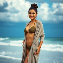 A gorgeous Colombian woman smiling charmingly while wearing a long cardigan over her fashionable bikini