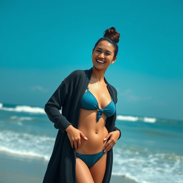 A gorgeous Colombian woman smiling charmingly while wearing a long cardigan over her fashionable bikini