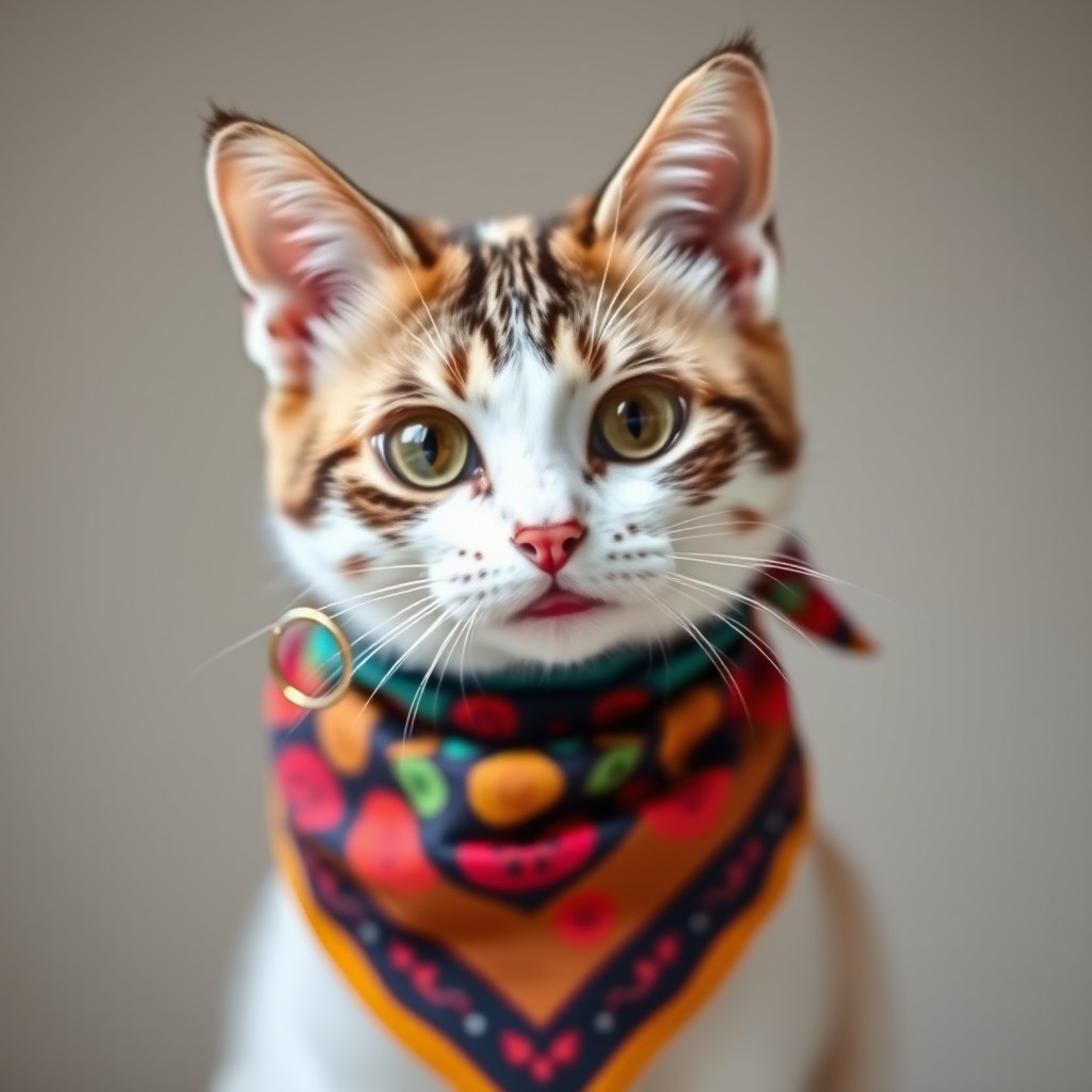 A charming cat styled with a colorful bandana around its neck, showcasing its playful personality