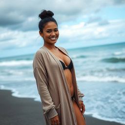 A gorgeous Colombian woman smiling radiantly while wearing a long cardigan over her fashionable bikini