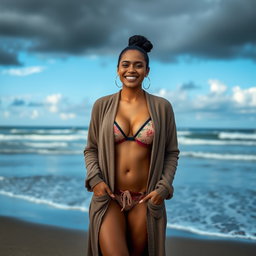 A gorgeous Colombian woman smiling radiantly while wearing a long cardigan over her fashionable bikini