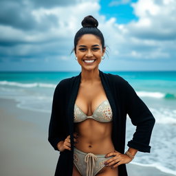 A gorgeous Colombian woman smiling radiantly while wearing a long cardigan over her fashionable bikini