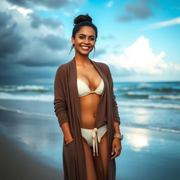 A gorgeous Colombian woman smiling radiantly while wearing a long cardigan over her fashionable bikini