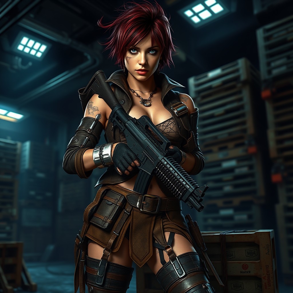 A fierce female space pirate with short messy dark red hair and a prominent scar running across her cheek
