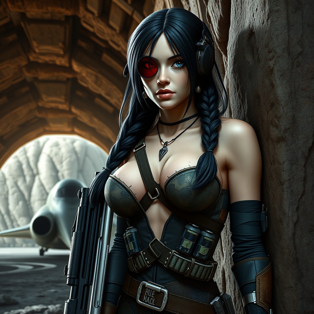 A tall female space pirate sharpshooter with long black hair tied in a braid, pale skin, and piercing blue eyes