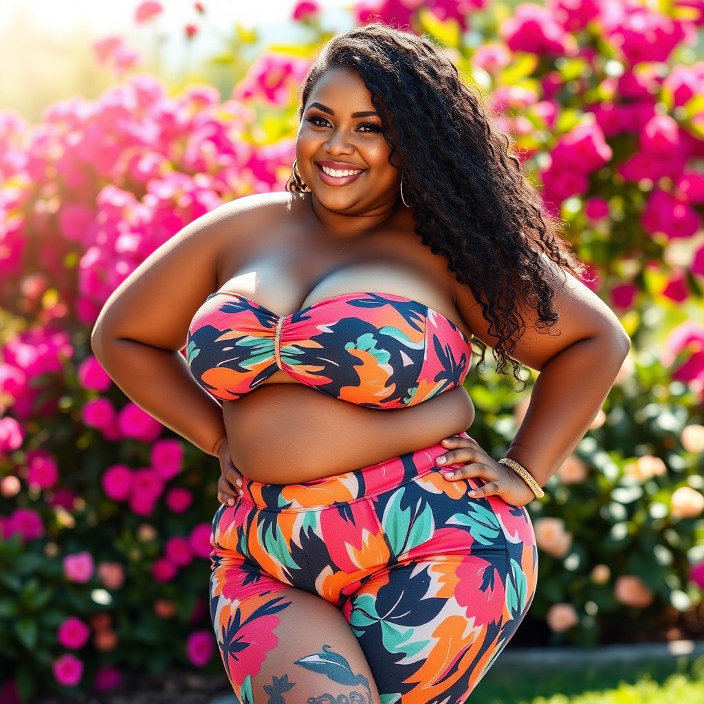 A voluptuous and curvy woman, showcasing her strong and confident presence