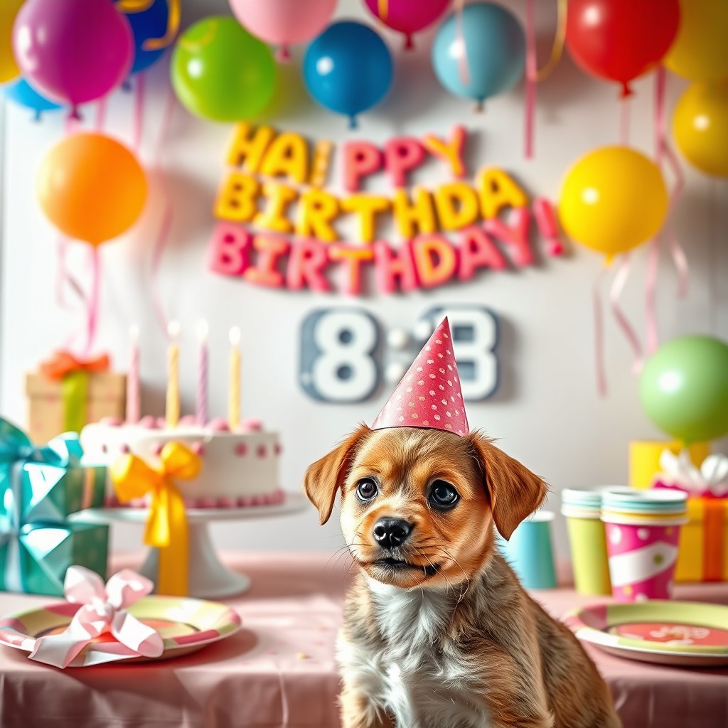 A colorful and festive birthday countdown scene for a young girl's birthday party, featuring a large birthday cake with six candles, vibrant balloons in various shapes and colors, a cheerful banner that says 'Happy Birthday!' in playful font, and streamers decorating the background