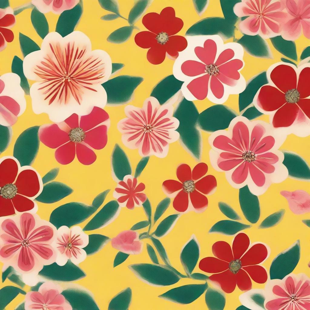 A cloth design featuring a pattern of numerous small red, white, and pink flowers against a bright yellow background.