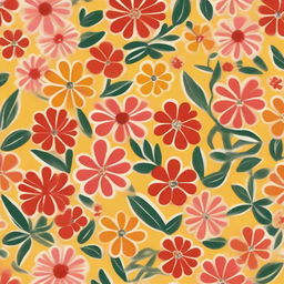 A cloth design featuring a pattern of numerous small red, white, and pink flowers against a bright yellow background.