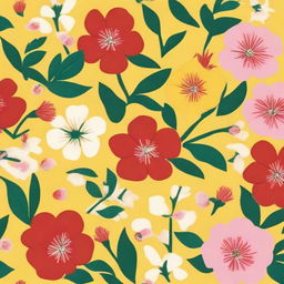 A cloth design featuring a pattern of numerous small red, white, and pink flowers against a bright yellow background.