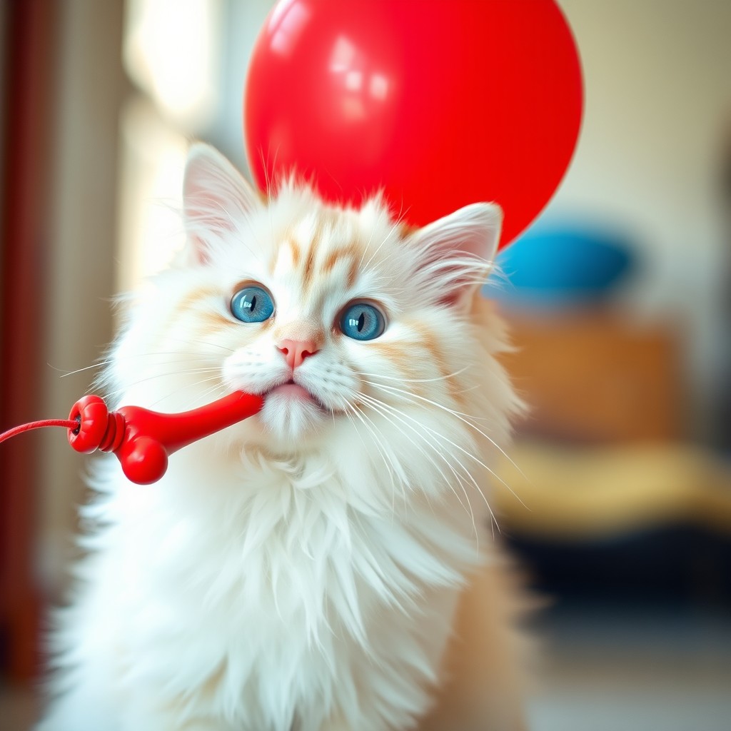 A beautiful white cat with striking blue eyes, playfully holding a large red balloon in its mouth
