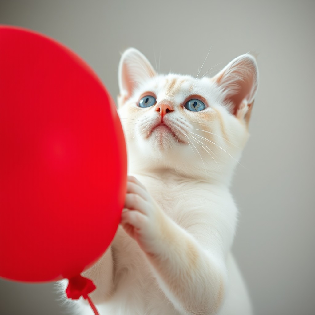 A beautiful white cat with striking blue eyes, looking sweet and adorable, gently holding a big red balloon