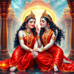Two enchanting Hindu Apsaras, glowing with a divine radiance and possessing shining skin, elegantly draped in stunning red sarees