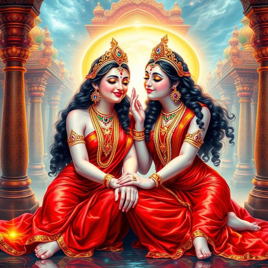 Two enchanting Hindu Apsaras, glowing with a divine radiance and possessing shining skin, elegantly draped in stunning red sarees