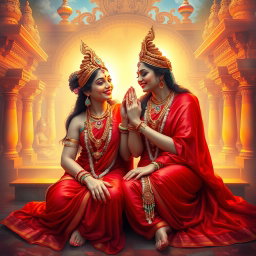 Two enchanting Hindu Apsaras, glowing with a divine radiance and possessing shining skin, elegantly draped in stunning red sarees
