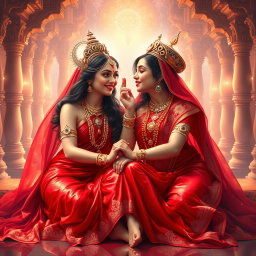 Two enchanting Hindu Apsaras, glowing with a divine radiance and possessing shining skin, elegantly draped in stunning red sarees