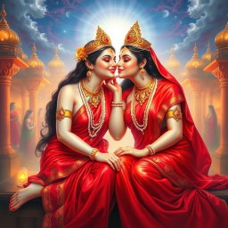Two enchanting Hindu Apsaras, glowing with a divine radiance and possessing shining skin, elegantly draped in stunning red sarees