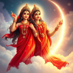 A beautiful scene depicting two Hindu Apsaras with shining, glowing skin, radiating divine beauty