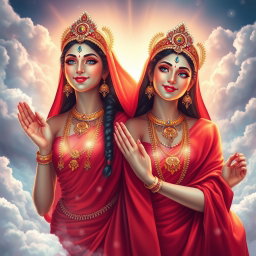 A beautiful scene depicting two Hindu Apsaras with shining, glowing skin, radiating divine beauty