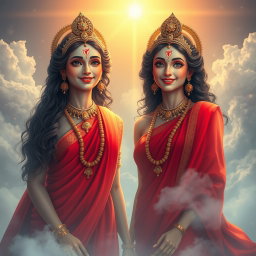 A beautiful scene depicting two Hindu Apsaras with shining, glowing skin, radiating divine beauty