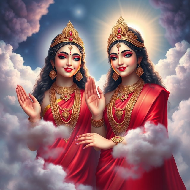 A beautiful scene depicting two Hindu Apsaras with shining, glowing skin, radiating divine beauty