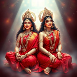 Two beautiful divine Hindu apsaras with radiant, glowing skin, adorned in exquisite red sarees