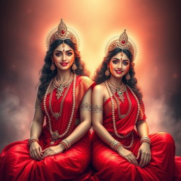 Two beautiful divine Hindu apsaras with radiant, glowing skin, adorned in exquisite red sarees