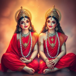 Two beautiful divine Hindu apsaras with radiant, glowing skin, adorned in exquisite red sarees