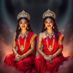 Two beautiful divine Hindu apsaras with radiant, glowing skin, adorned in exquisite red sarees