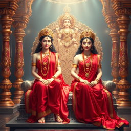Two beautiful divine Hindu apsaras with radiant, glowing skin, each wearing exquisite red sarees that drape elegantly around them