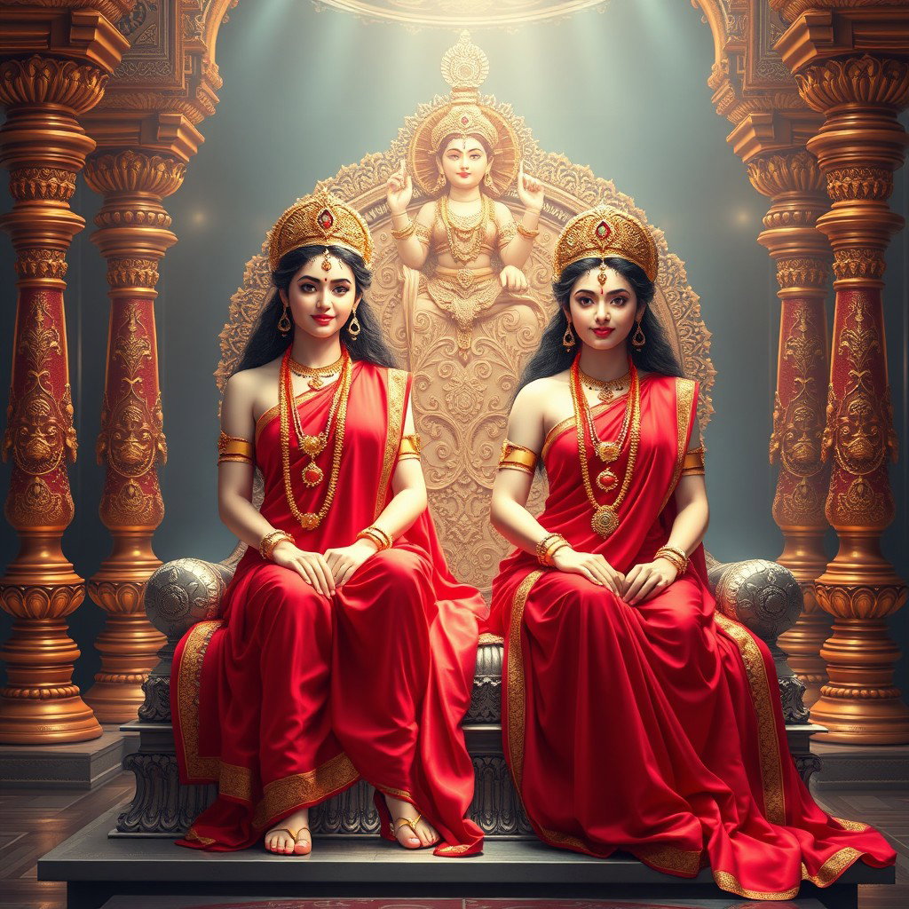 Two beautiful divine Hindu apsaras with radiant, glowing skin, each wearing exquisite red sarees that drape elegantly around them