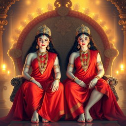 Two beautiful divine Hindu apsaras with radiant, glowing skin, each wearing exquisite red sarees that drape elegantly around them
