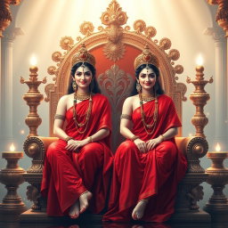 Two beautiful divine Hindu apsaras with radiant, glowing skin, each wearing exquisite red sarees that drape elegantly around them