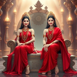 Two beautiful divine Hindu apsaras with radiant, glowing skin, each wearing exquisite red sarees that drape elegantly around them