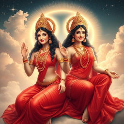 Two divine Hindu Apsaras, beautifully ethereal and glowing with radiant skin, wearing luxurious red sarees delicately draping over their forms