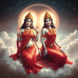 Two divine Hindu Apsaras, beautifully ethereal and glowing with radiant skin, wearing luxurious red sarees delicately draping over their forms