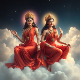 Two divine Hindu Apsaras, beautifully ethereal and glowing with radiant skin, wearing luxurious red sarees delicately draping over their forms