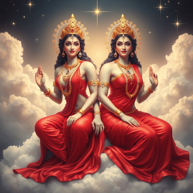 Two divine Hindu Apsaras, beautifully ethereal and glowing with radiant skin, wearing luxurious red sarees delicately draping over their forms