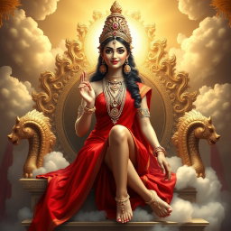 A beautiful Hindu apsara with glowing skin, radiating a divine light, barely draped in an elegant red saree that enhances her curves