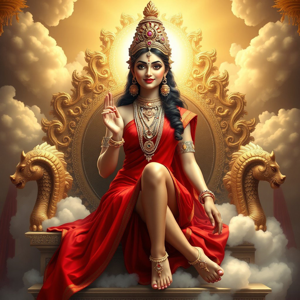 A beautiful Hindu apsara with glowing skin, radiating a divine light, barely draped in an elegant red saree that enhances her curves
