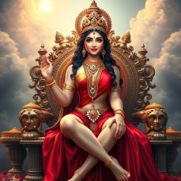 A beautiful Hindu apsara with glowing skin, radiating a divine light, barely draped in an elegant red saree that enhances her curves