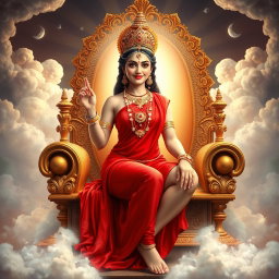 A beautiful Hindu apsara with glowing skin, radiating a divine light, barely draped in an elegant red saree that enhances her curves