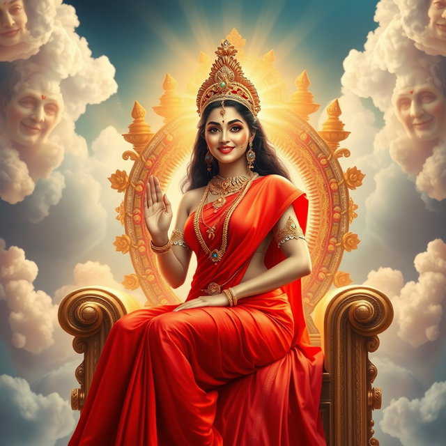 A beautiful Hindu apsara with glowing skin, radiating a divine light, barely draped in an elegant red saree that enhances her curves