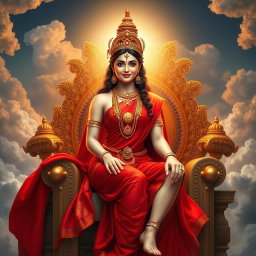 A beautiful Hindu apsara with glowing, radiant skin reflecting a divine milk-like luminescence, partially draped in an elegant red saree that enhances her form