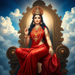 A beautiful Hindu apsara with glowing, radiant skin reflecting a divine milk-like luminescence, partially draped in an elegant red saree that enhances her form