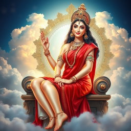 A beautiful Hindu apsara with glowing, radiant skin reflecting a divine milk-like luminescence, partially draped in an elegant red saree that enhances her form