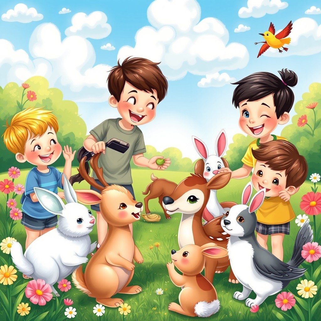 A whimsical scene of children joyfully feeding friendly animals in a colorful, vibrant park setting